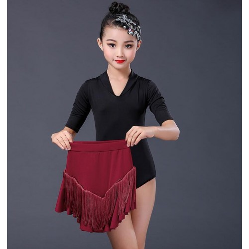 Girls latin dresses kids stage performance black with wine salsa rumba chacha dance costumes tassels skirts dress